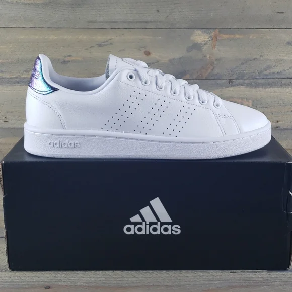 adidas Advantage Women's Tennis Casual Leather Shoes White/Iredescent - Picture 1 of 8